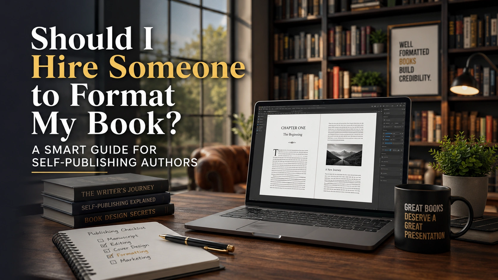Author wondering should I hire someone to format my book while working on manuscript formatting and self-publishing preparation at a professional writing desk. |Page Turner Studios