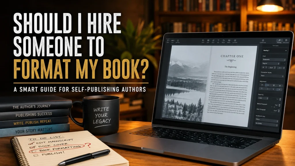 Self-publishing author asking should I hire someone to format my book while reviewing professional book formatting on a laptop in a cinematic home office workspace