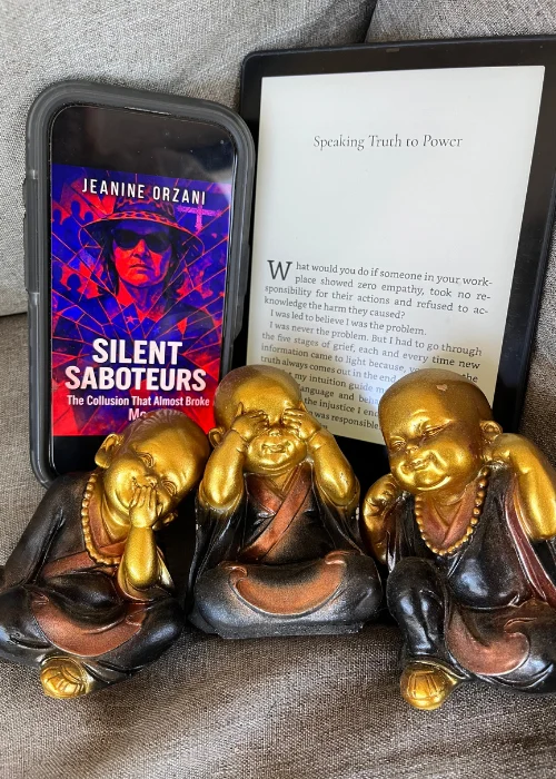 Ereader Silent Saboteurs Silent Saboteurs on ereader with hear no evil, speak no evil and see no evil buddhas