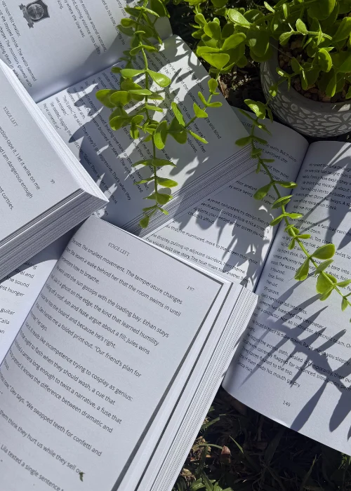 Book flat lays Book formatting flat lays in a garden